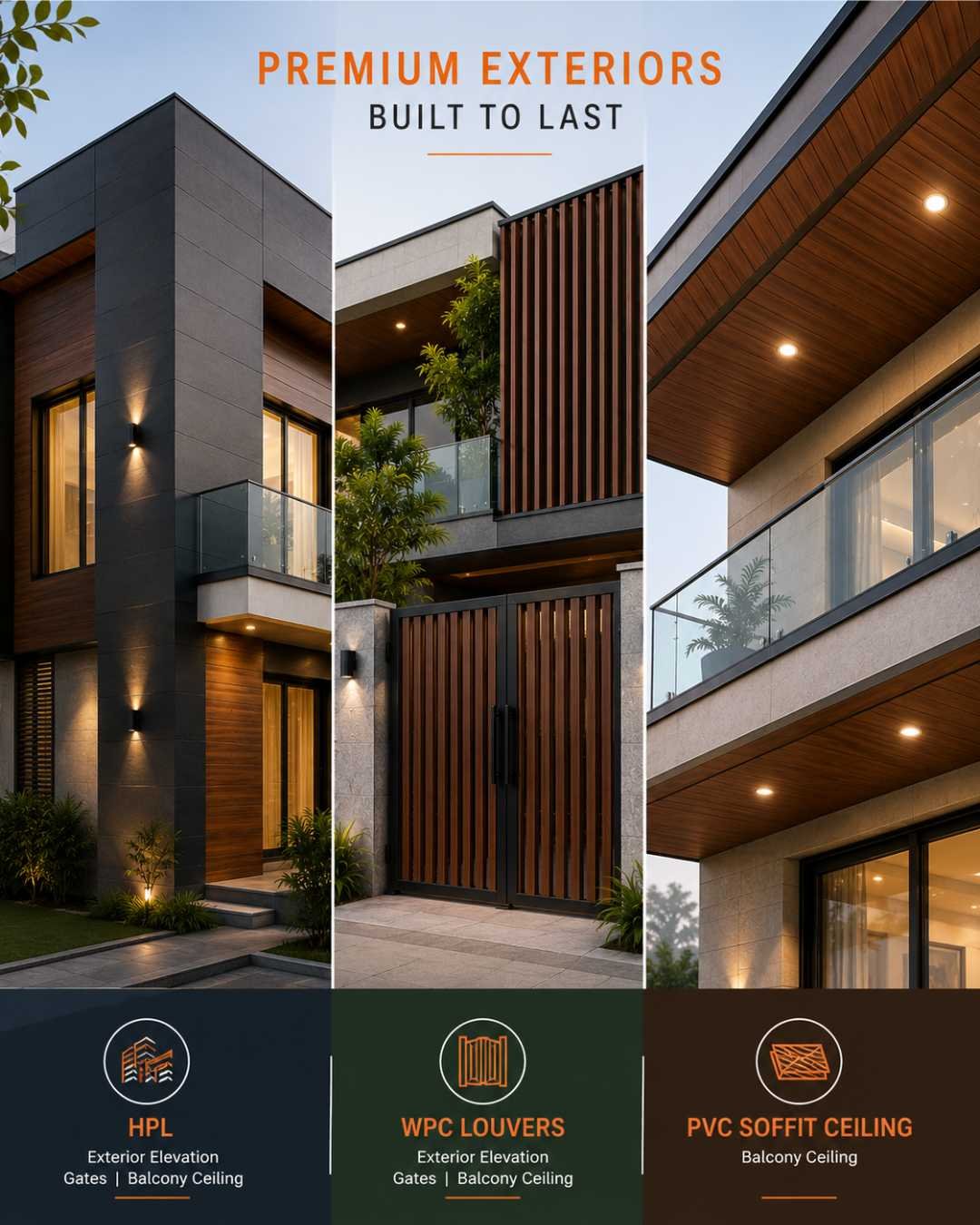 Modern luxury villa with wood-finish HPL facade cladding and louver gate