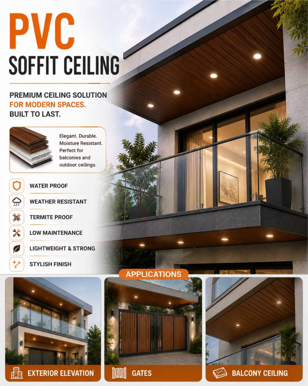 PVC soffit ceiling with warm lighting on villa balcony